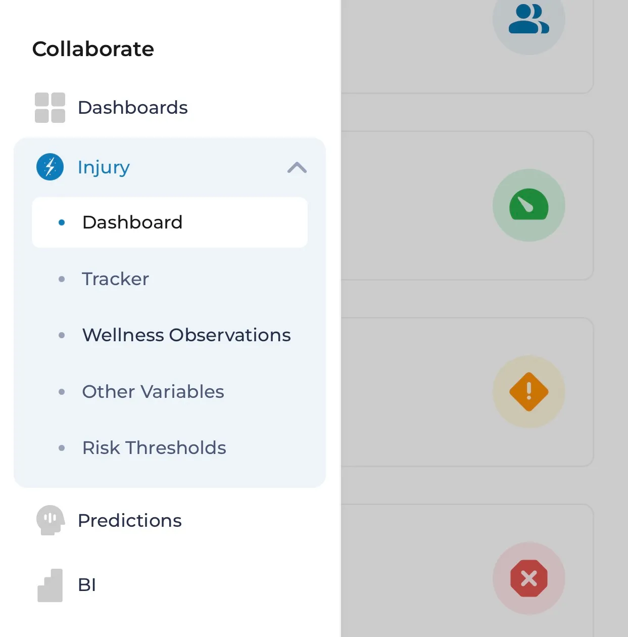 Colata Collaborate navigation showing shared dashboards, injury tracking, wellness observations and risk thresholds