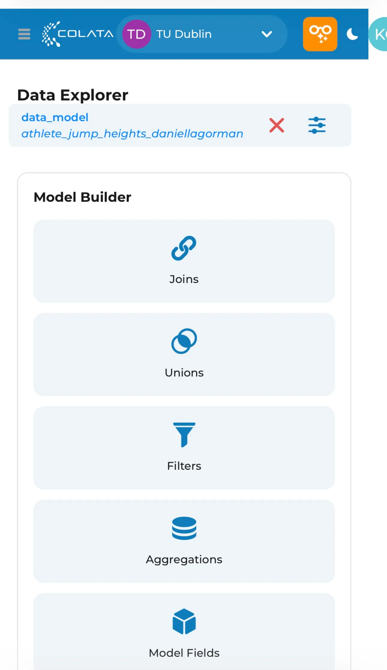 Colata Data Explorer showing the Model Builder with joins, unions, filters, aggregations and model fields