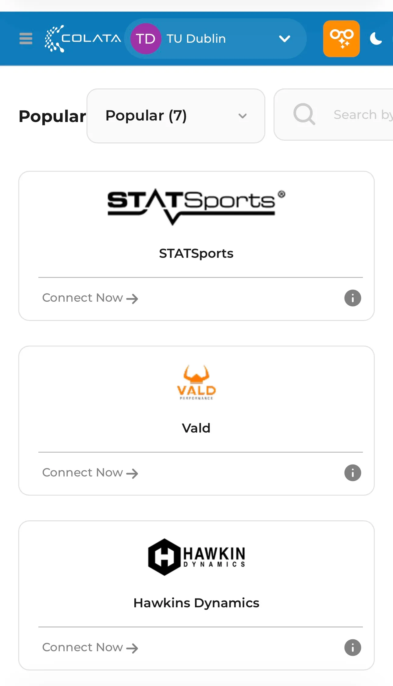 Colata connections screen listing data sources such as STATSports, Vald and Hawkin Dynamics, each with a Connect Now action