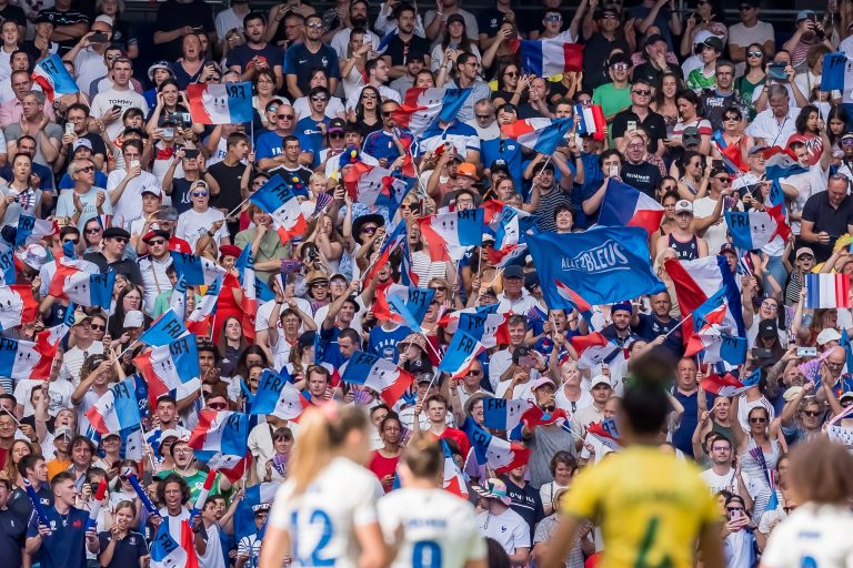 Crowd celebrating during a soccer match