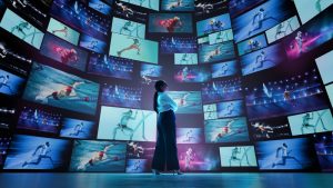 Woman standing in a futuristic digital arena surrounded by monitors displaying data